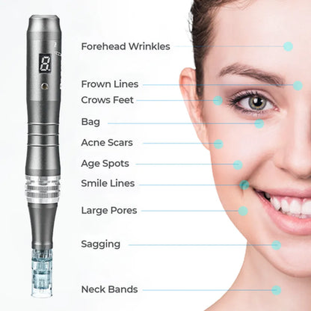 Dr. Pen M8 junto a esquema facial del posicionamiento cosmético del proveedor
