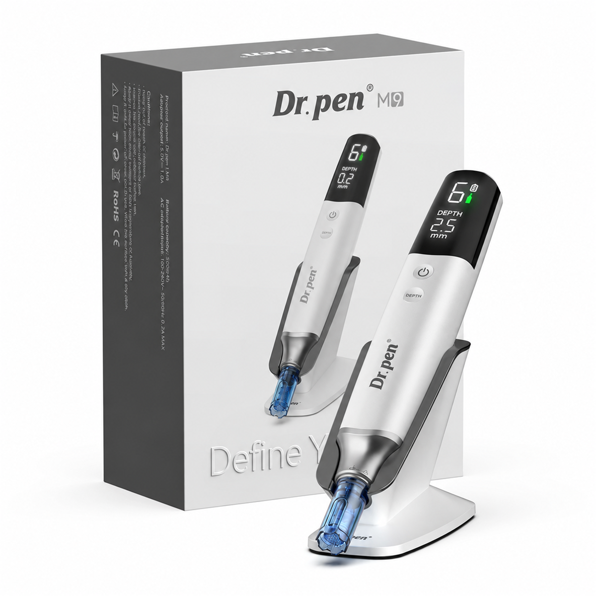 Dr. Pen M9 blanco sobre base junto a caja original