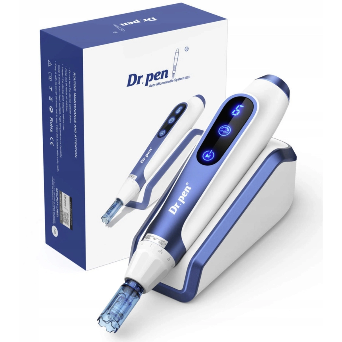 Dr. Pen A11 azul y blanco sobre su base junto a la caja original